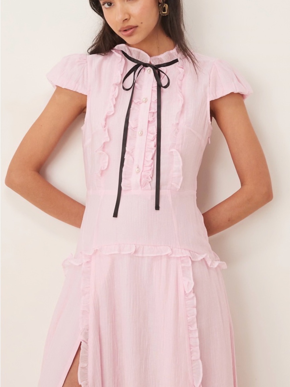 Sister Jane Pale Pink Ruffle Midi Dress with Black Tie